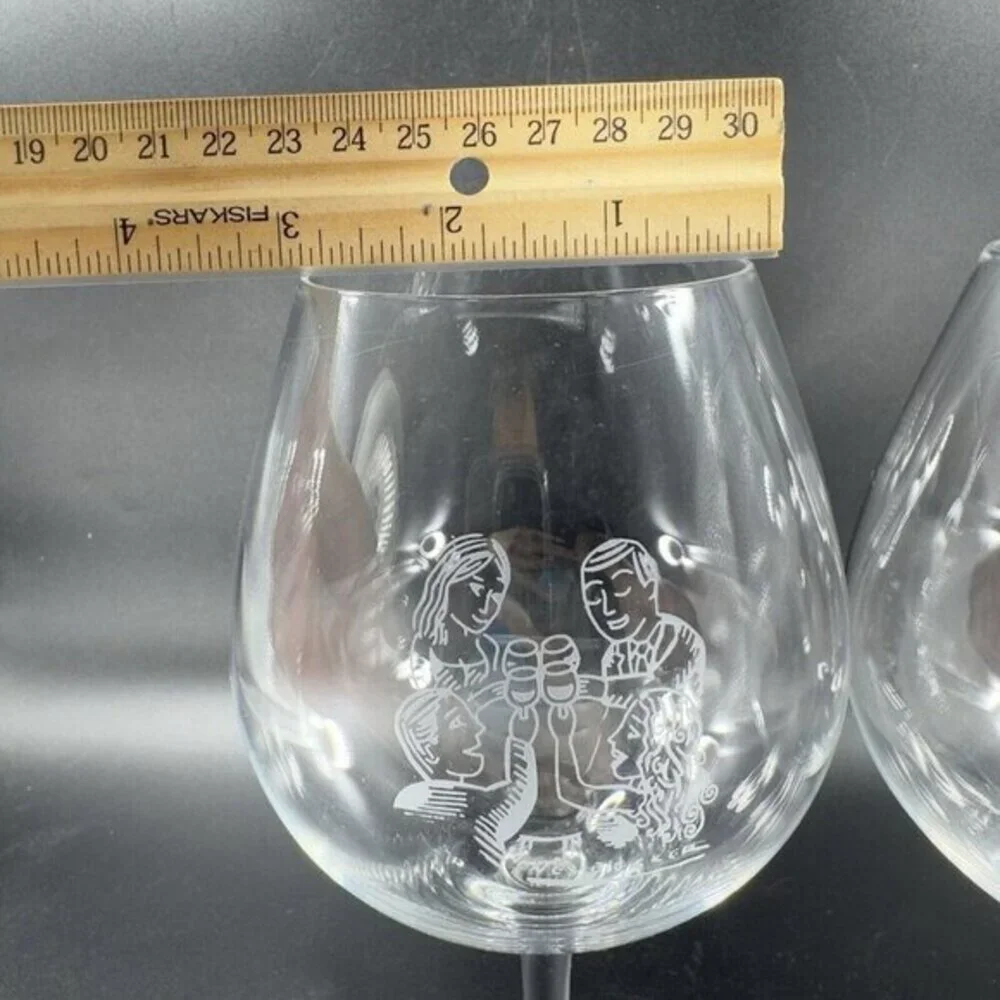 Robert Neubecker Flemings Signature Clear‎ Wine Glasses Cup Etched Barware Set 2